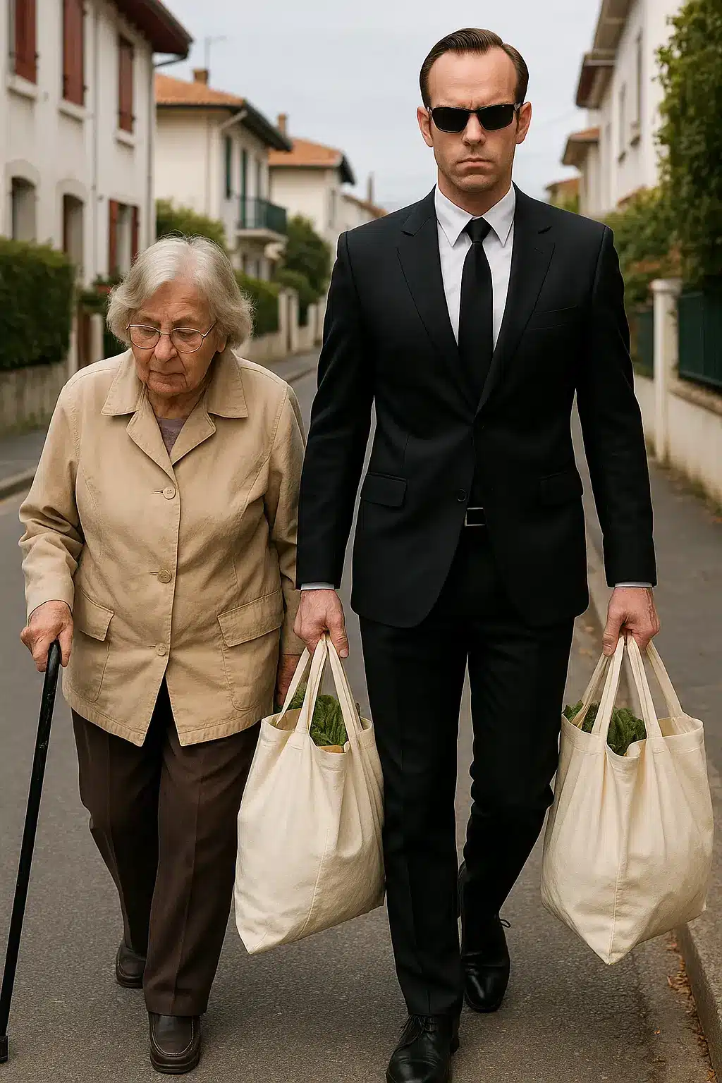 un agent smith porte les courses pour une vieille dame