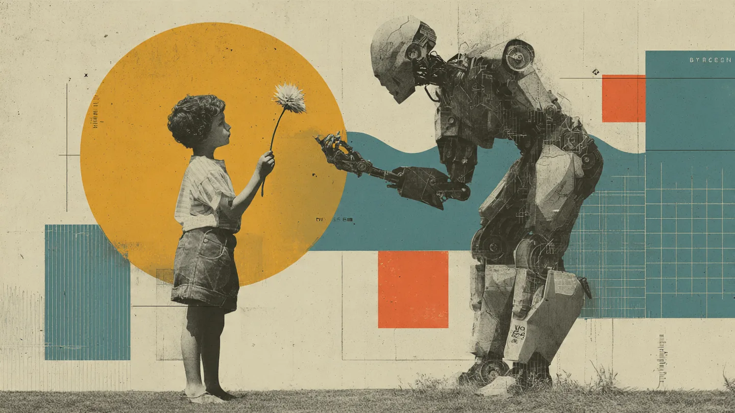 image poetique, Un enfant offre une fleur blanche à un robot. collage papier