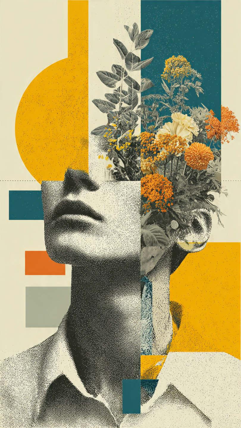 poetic surreal portrait the upper part of a man with flower in the head