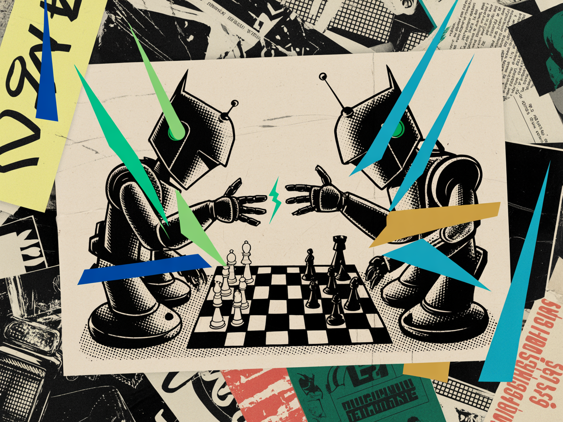Collage punk zine : deux alliances de robots face à face autour d'un échiquier