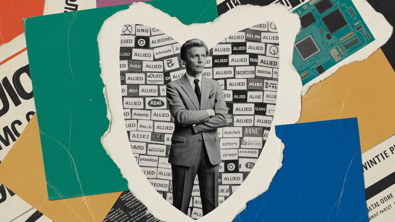 Collage vintage 70s : un chef d'entreprise devant un mur de logos alliés formant un bouclier, alliance IA open source