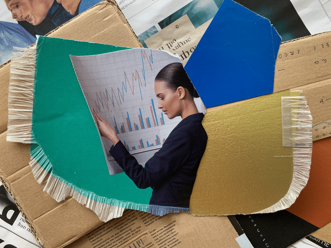 Collage années 90 : une businesswoman étudie des graphiques de parts de marché IA en hausse