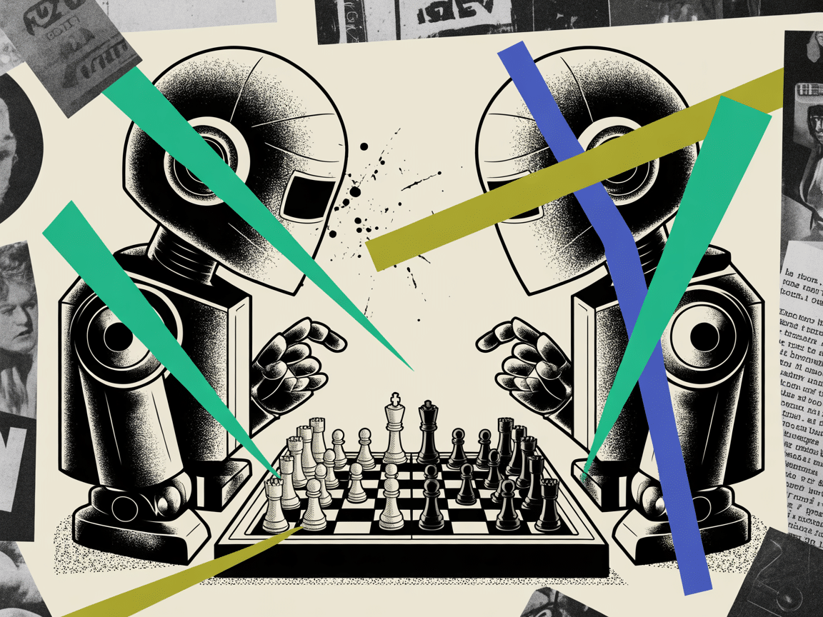 Collage punk zine années 80 : deux robots corporatifs s'affrontent autour d'un échiquier, métaphore du duel des labos IA