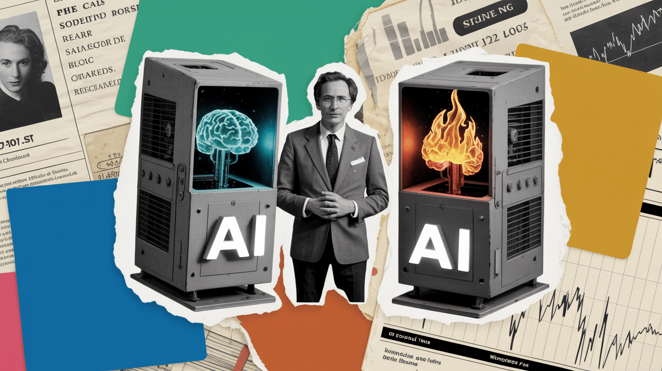 Collage vintage 70s : un chef d'entreprise basque face à deux machines IA rivales, illustration de la bataille OpenAI contre Anthropic pour les TPE
