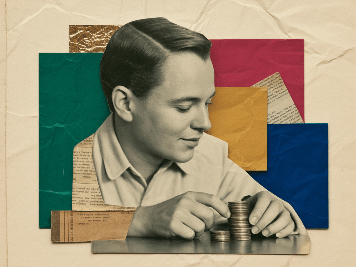 Collage vintage Mister Anderson : un commerçant compte une pile de pièces, baisse du coût de l'IA