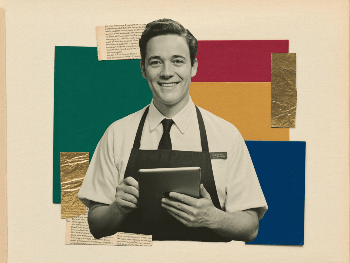 Collage vintage Mister Anderson : un serveur avec une tablette, IA pour les TPE du Pays Basque