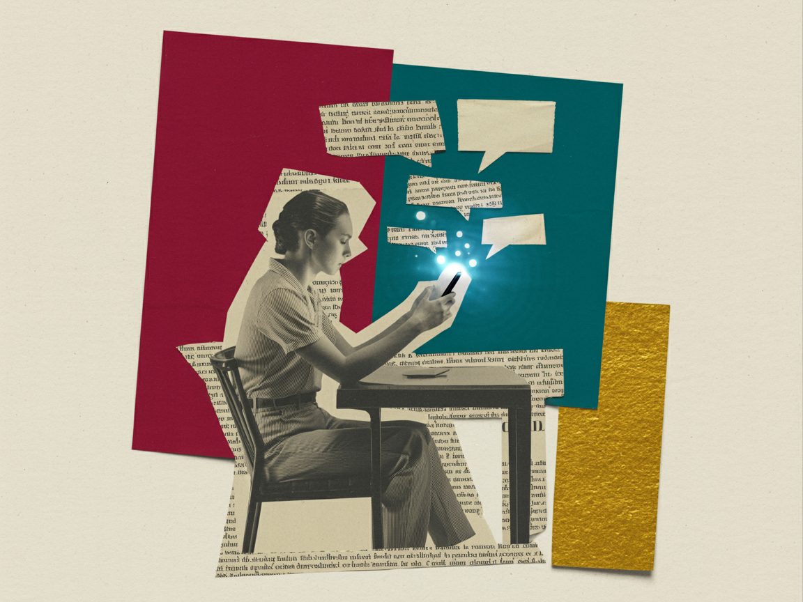 Personne utilisant un assistant IA sur smartphone — collage vintage