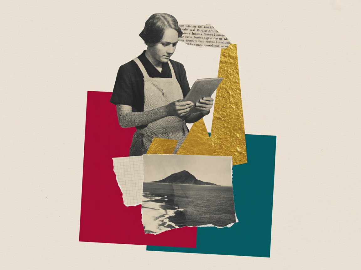 Commerçant du Pays Basque avec tablette et carte côtière — collage vintage