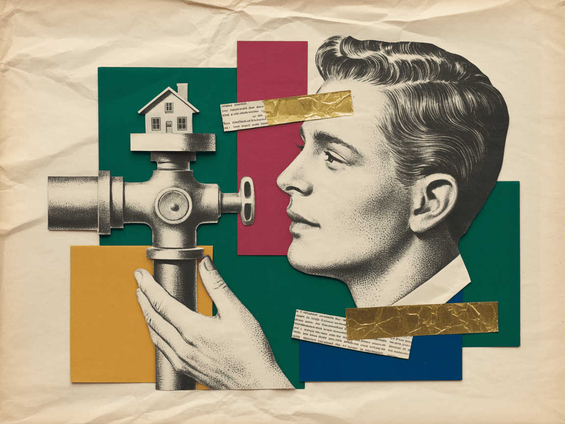 Collage vintage — un technicien règle une vanne de chauffage sous une maison en papier, l'IA optimise le bâtiment existant