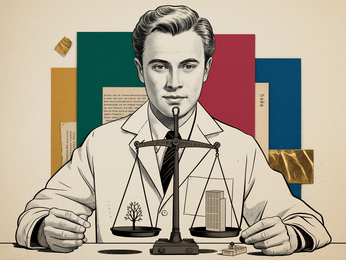 Collage vintage — une balance de laboratoire compare un arbre et un serveur, le bilan carbone de l'IA