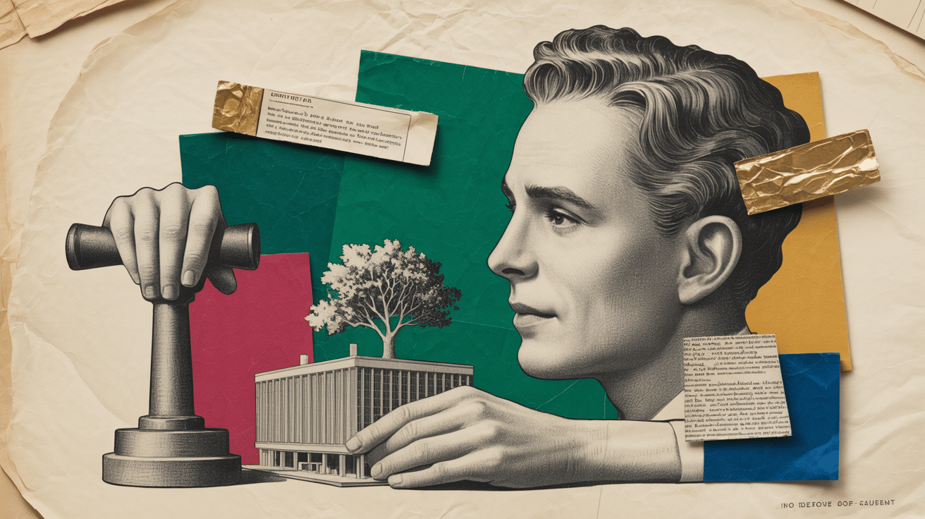 Collage vintage Mister Anderson — un ingénieur observe une maquette de data center coiffée d'un arbre, symbole d'une IA qui préserve la planète