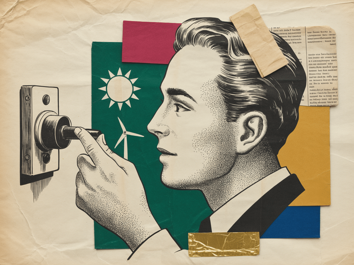 Collage vintage — un électricien actionne un levier devant un soleil et une éolienne en papier, l'IA pilote le réseau électrique