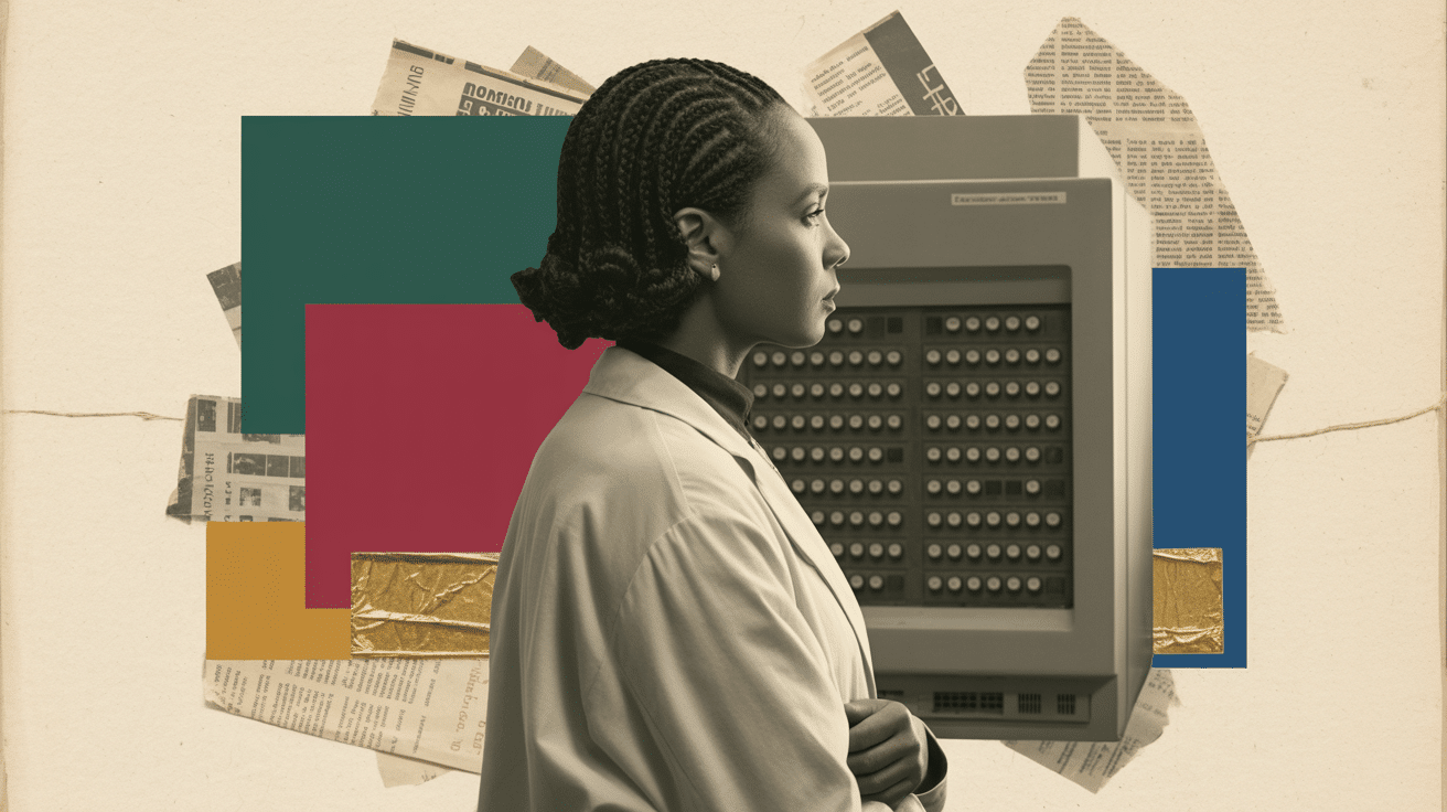 Collage vintage — une chercheuse de dos devant une grande console informatique, illustration des discussions des laboratoires d'IA sur les risques