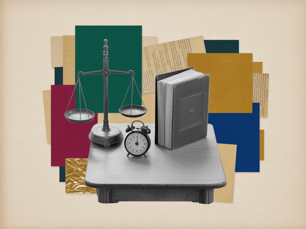 Collage vintage — une balance ancienne, un réveil et un grand livre de comptes sur une table, illustration de la mise en balance des risques de l’IA