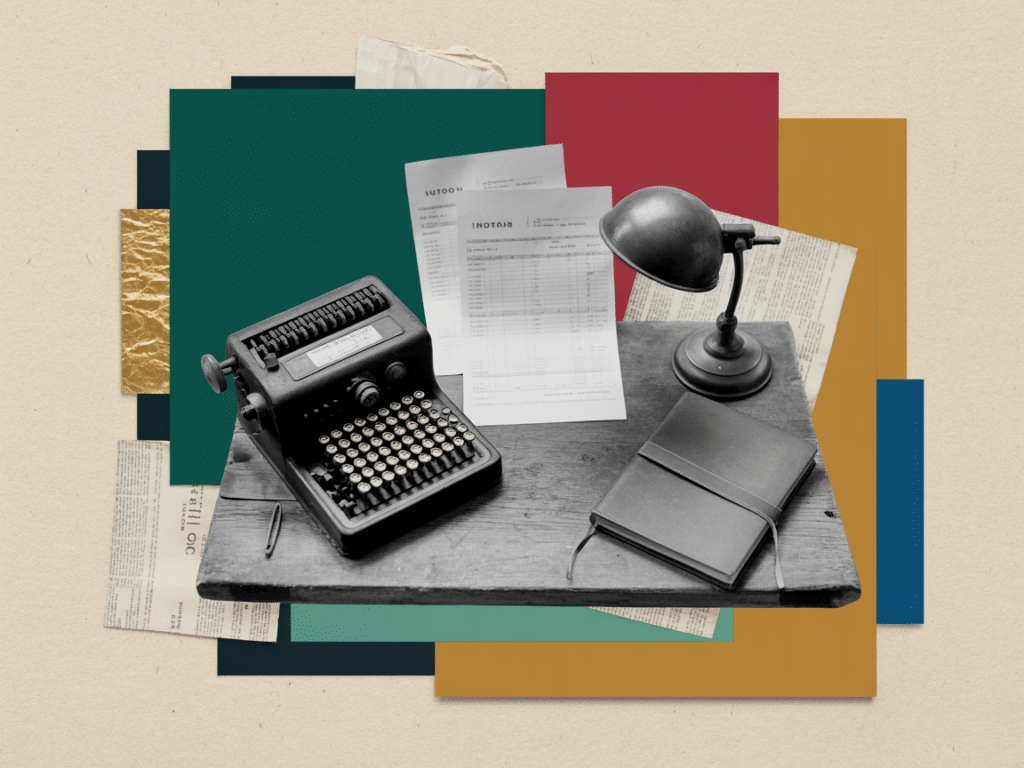 Collage vintage — une machine à calculer mécanique, un carnet et des factures sur un établi, illustration du travail quotidien d’une entreprise