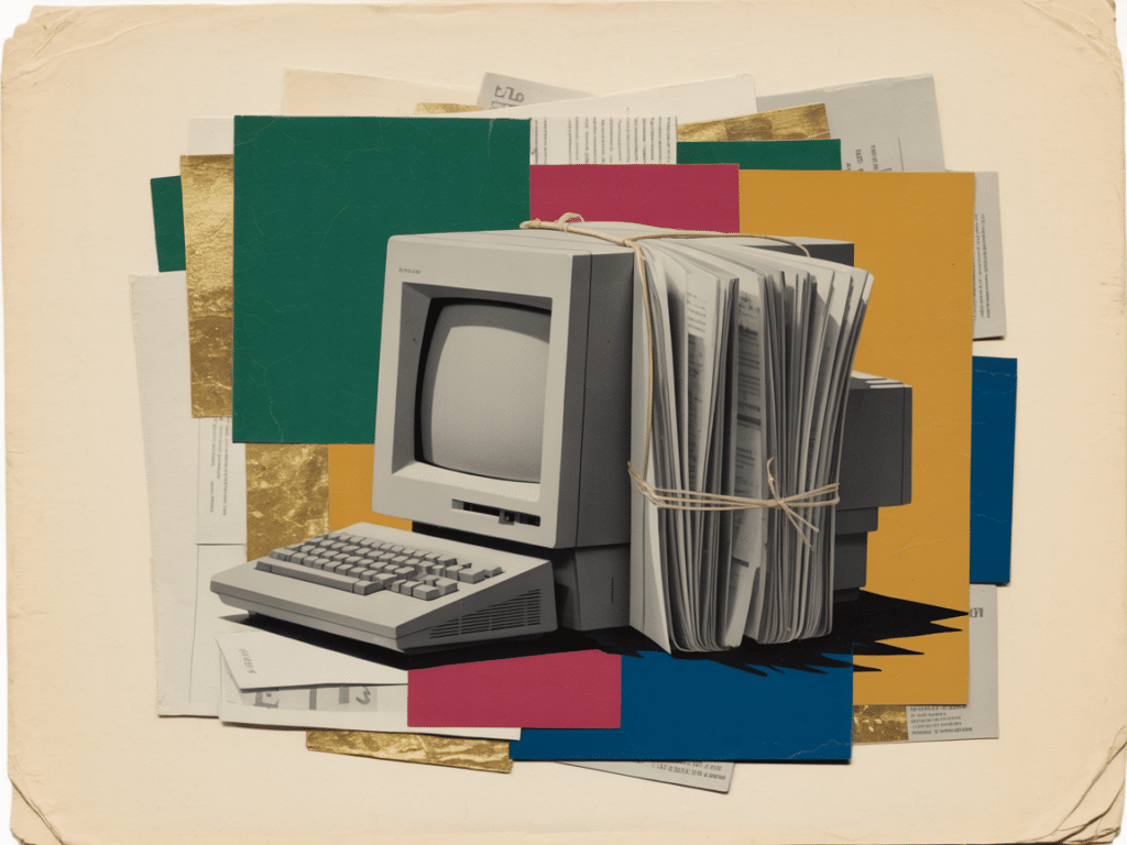 Une configuration par métier : terminal informatique et dossiers reliés, collage vintage Mister Anderson