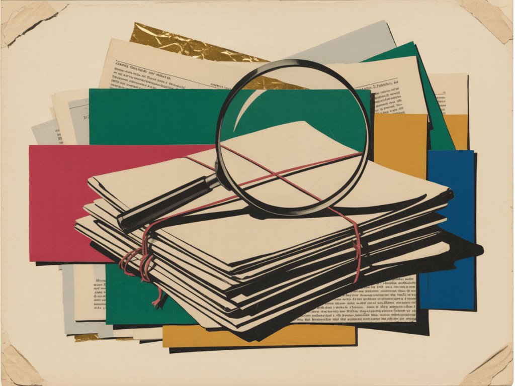 L'index de recherche juridique d'Astra for Law : une loupe posée sur des dossiers reliés, collage vintage