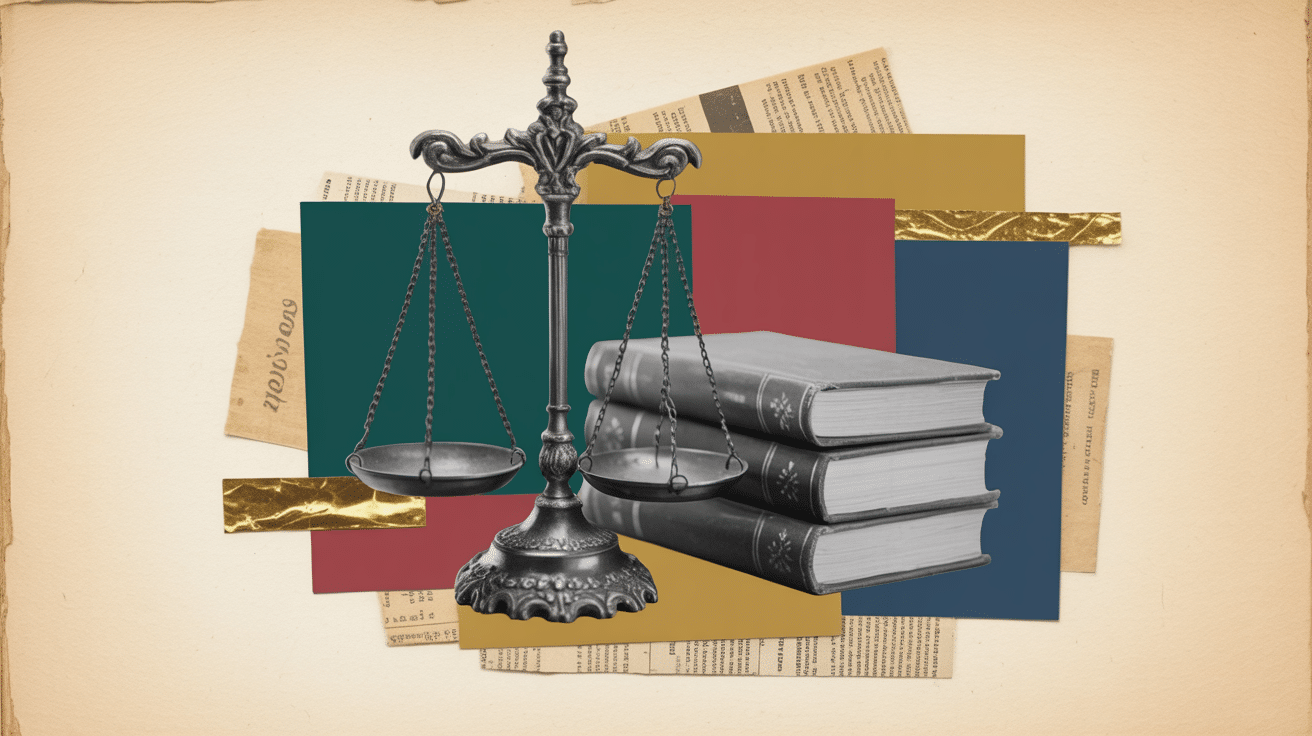 Astra for Law : une balance de justice et des codes reliés, collage vintage aux couleurs Mister Anderson