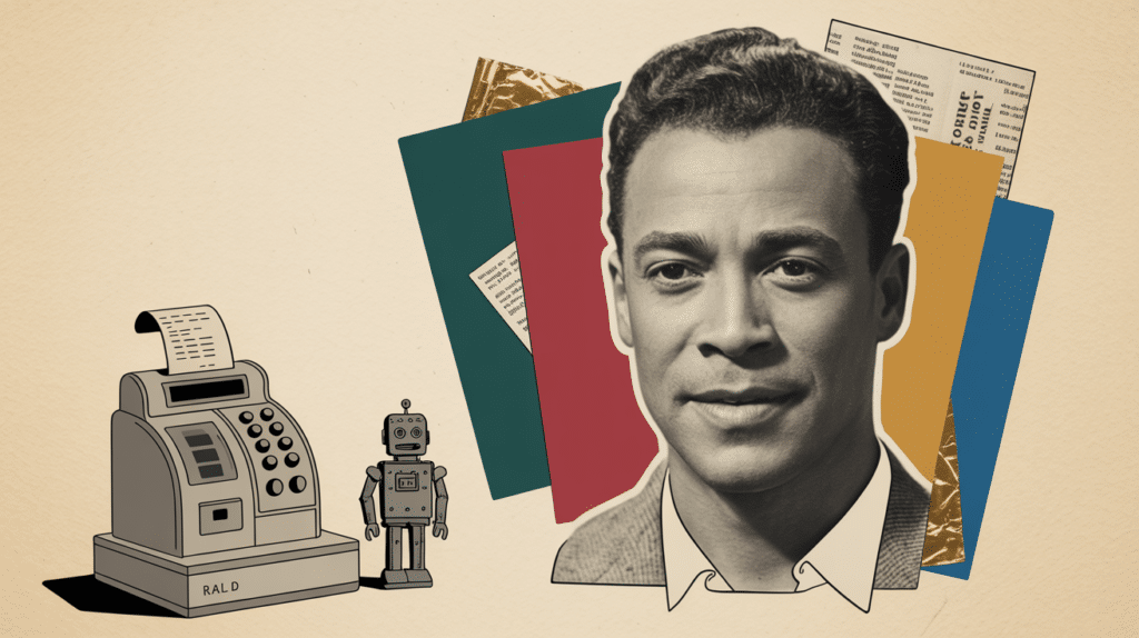 Outils de prévision d'une entreprise — caisse, robot et commerçant, collage vintage Mister Anderson
