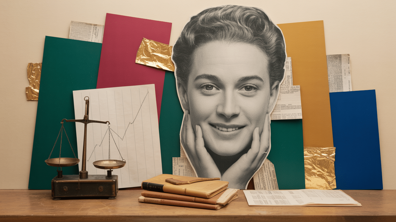 Balance, registres et courbe de prévision — collage vintage Mister Anderson